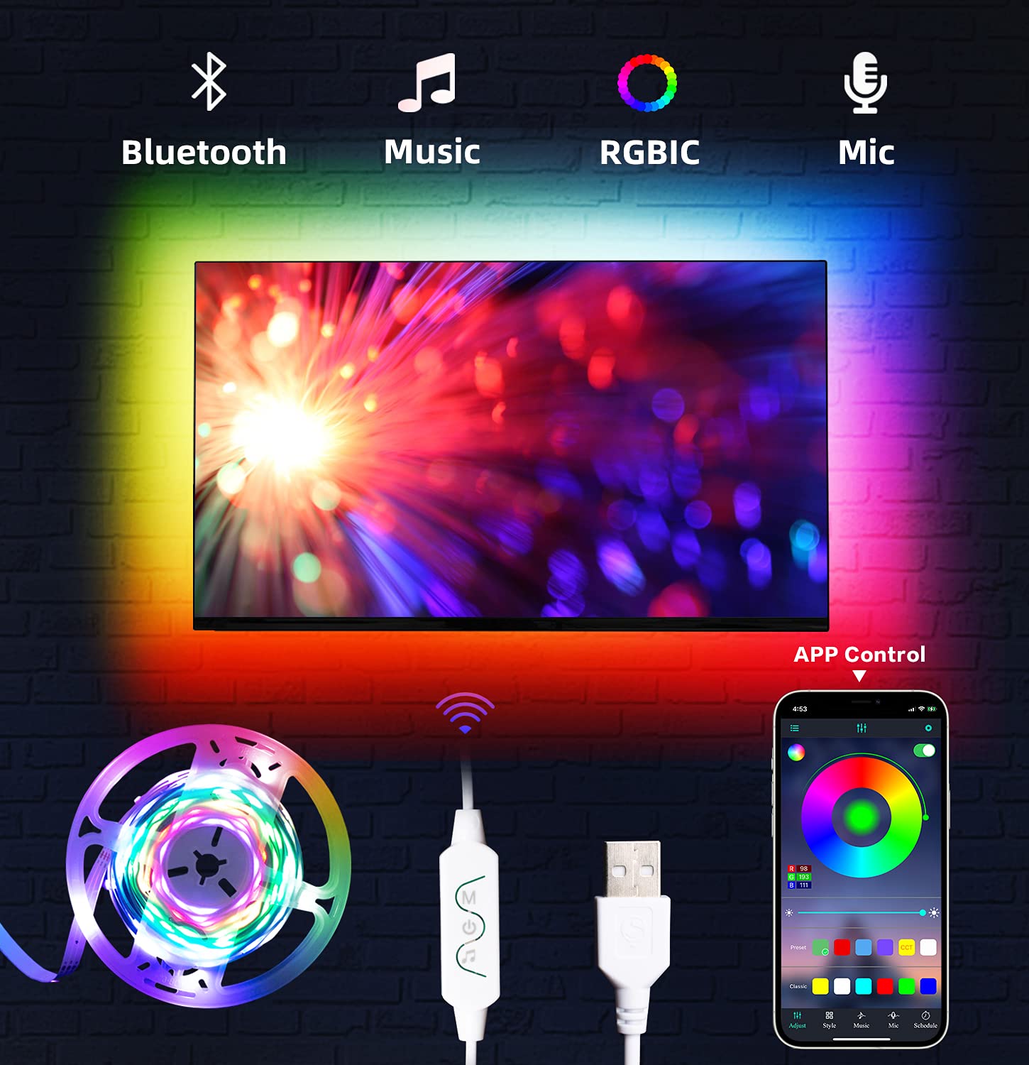 ELEPHANTBOAT® 16 Million Colors 5050 RGBIC LED Strip Lights with Smart App & Remote 213Mode Adjustable Music Mode for Bedroom,Kid's Room, Party(USB, 10 Meters)(Multi) ELEPHANTBOAT® 16 Million Colors 5050 RGBIC LED Strip Lights with Smart App & Remote 213Mode Adjustable Music Mode for Bedroom,Kid's Room, Party(USB, 10 Meters)(Multi)